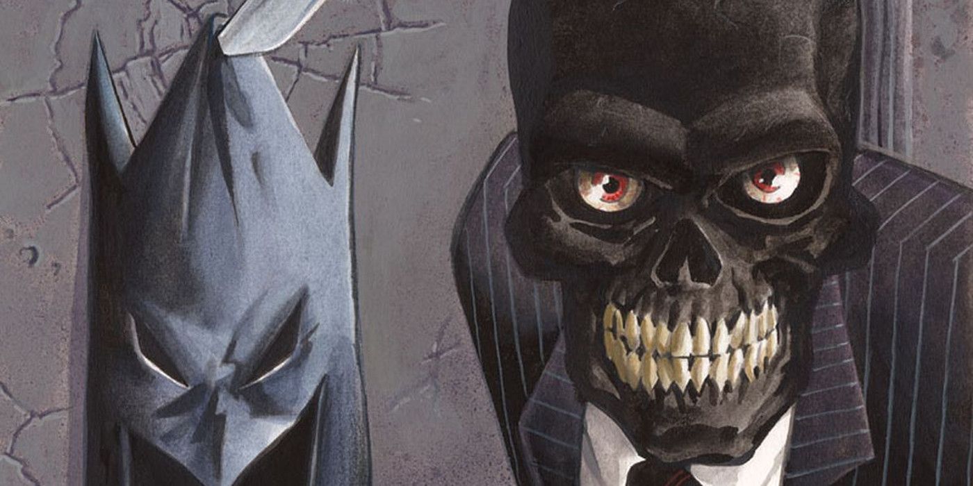 Black Mask looking at the viewer with a Batman Mask hanging behind him in DC comics