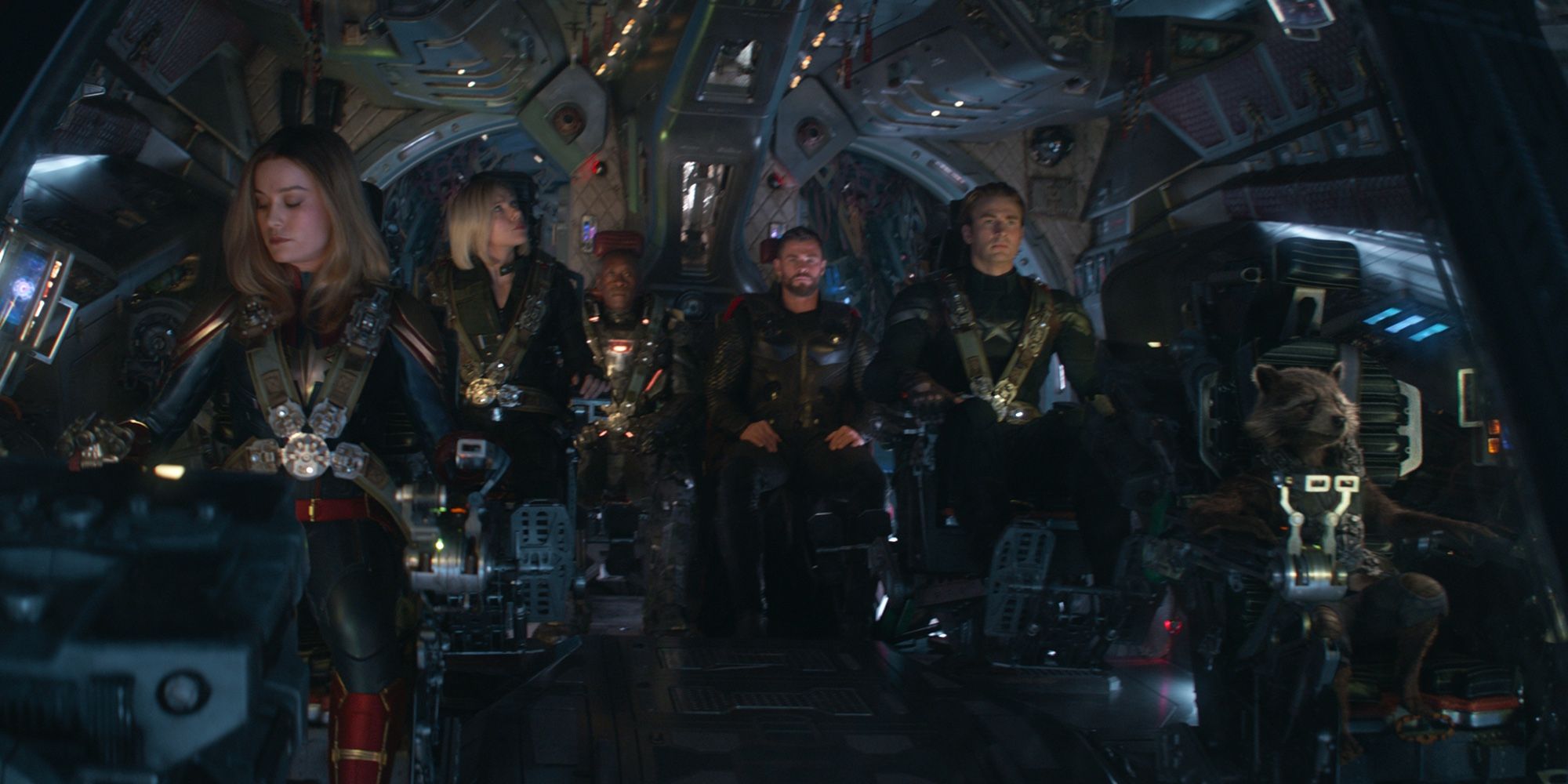Captain Marvel, Rocket, Black Widow, Steve Rogers, War Machine, and Thor in Avengers Endgame
