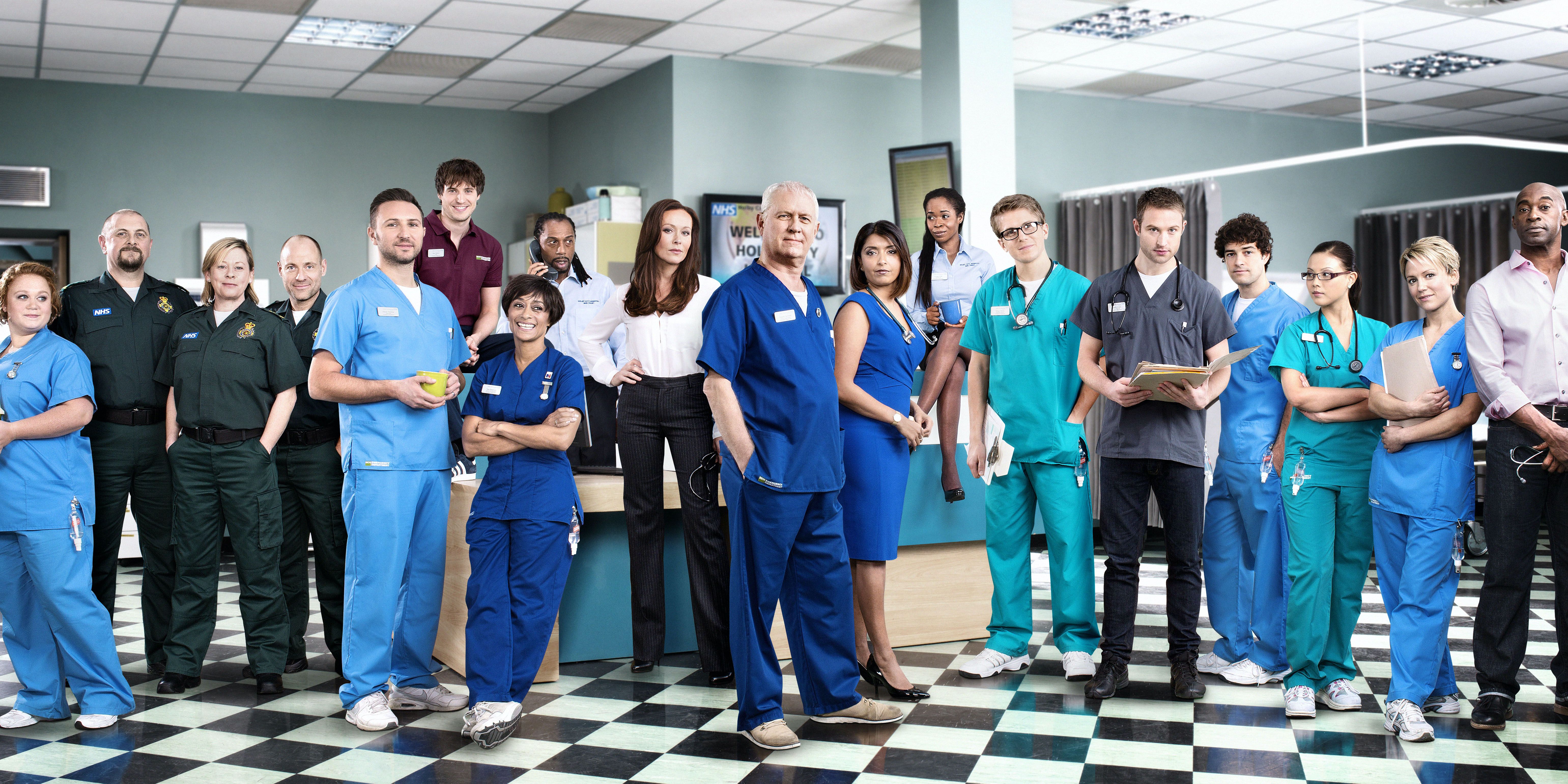 Casualty Series 28 Promo image of main cast lined up in the hospital