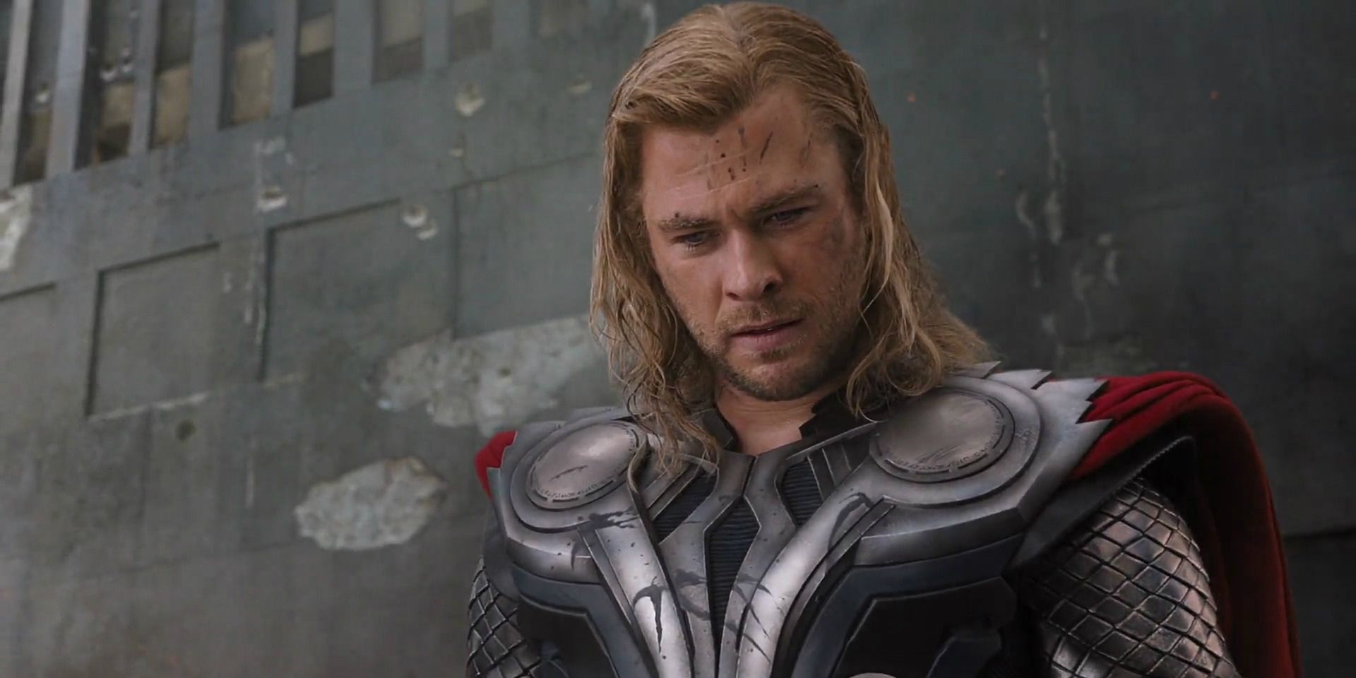 Chris Hemsworth as Thor looking down in The Avengers 