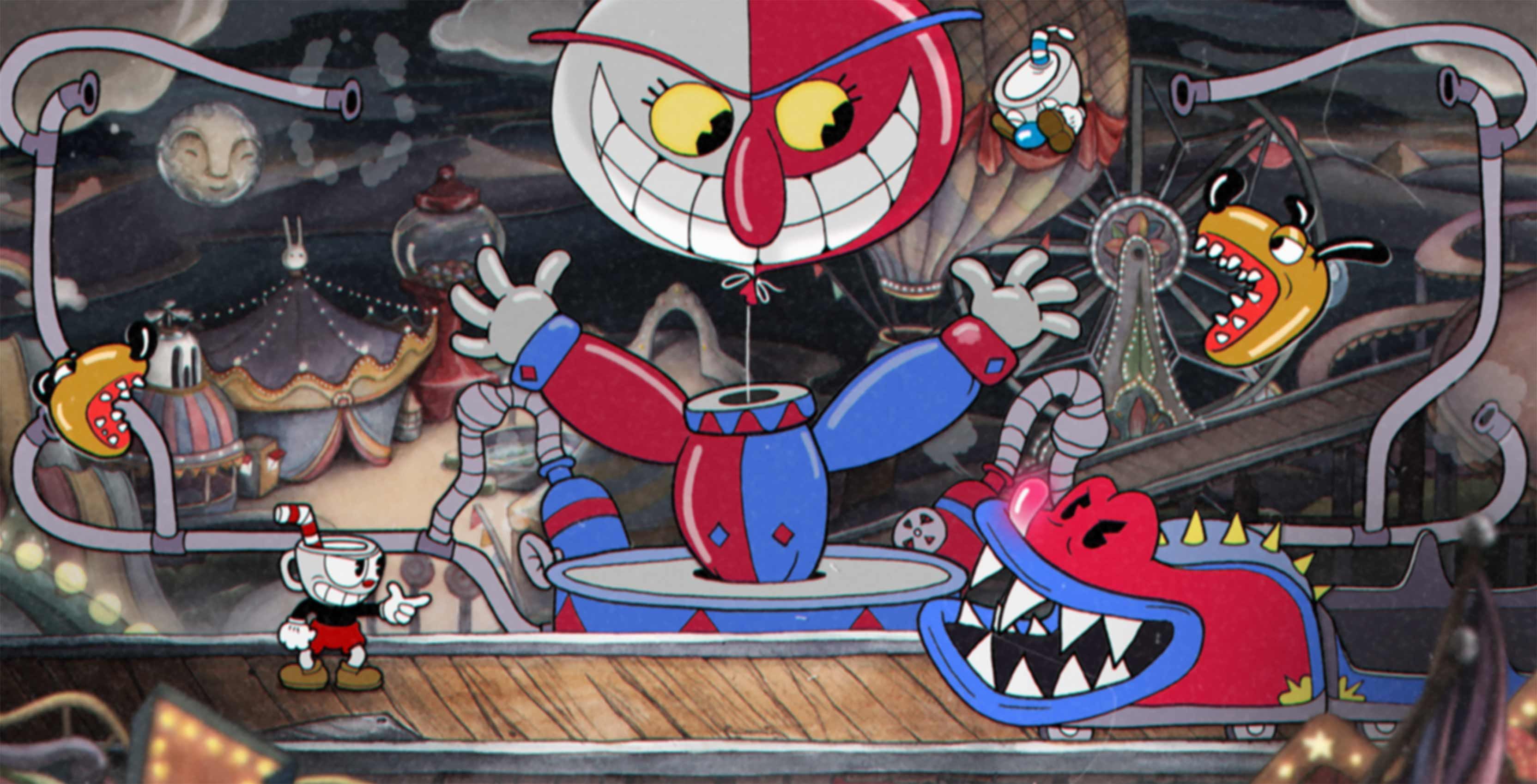 A clown and balloon themed boss in cuphead.