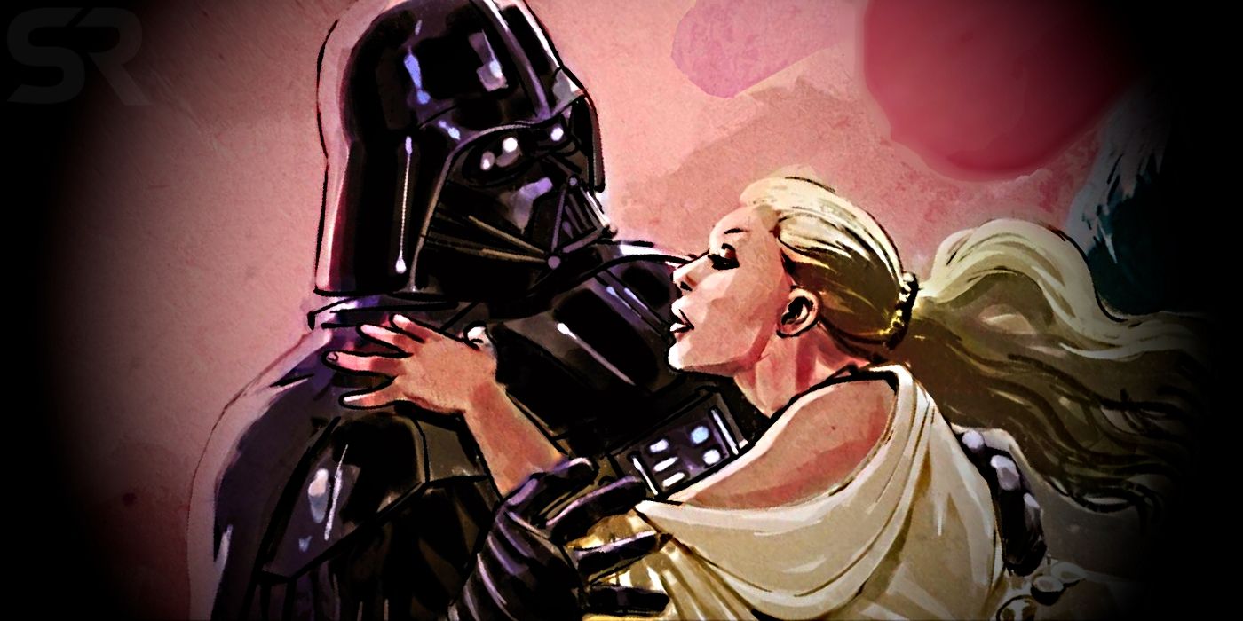 Darth Vader embracing his nurse with both arms while she wears a white dress that exposes her arms, her blonde hair flowing down her back in Vader: Dark Visions #3
