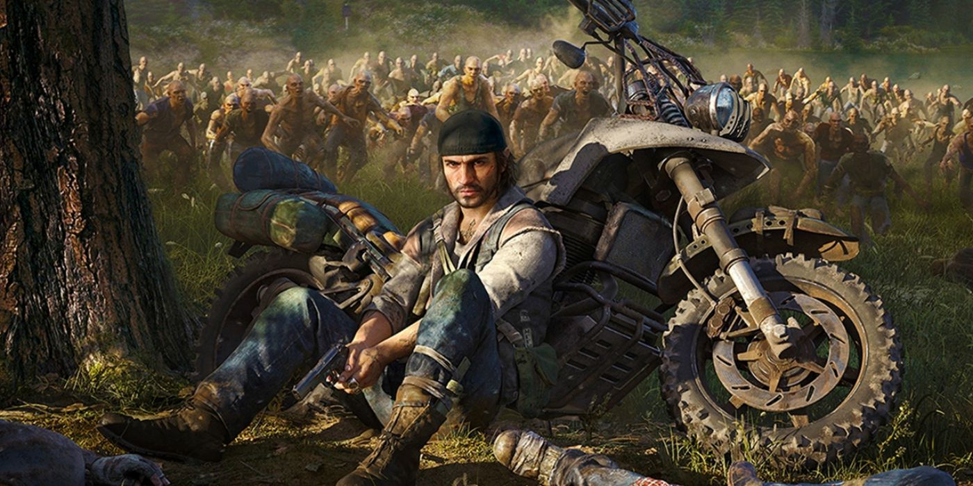 An image of Deacon sitting next to his motorcycle with a Horde behind him in Days Gone.