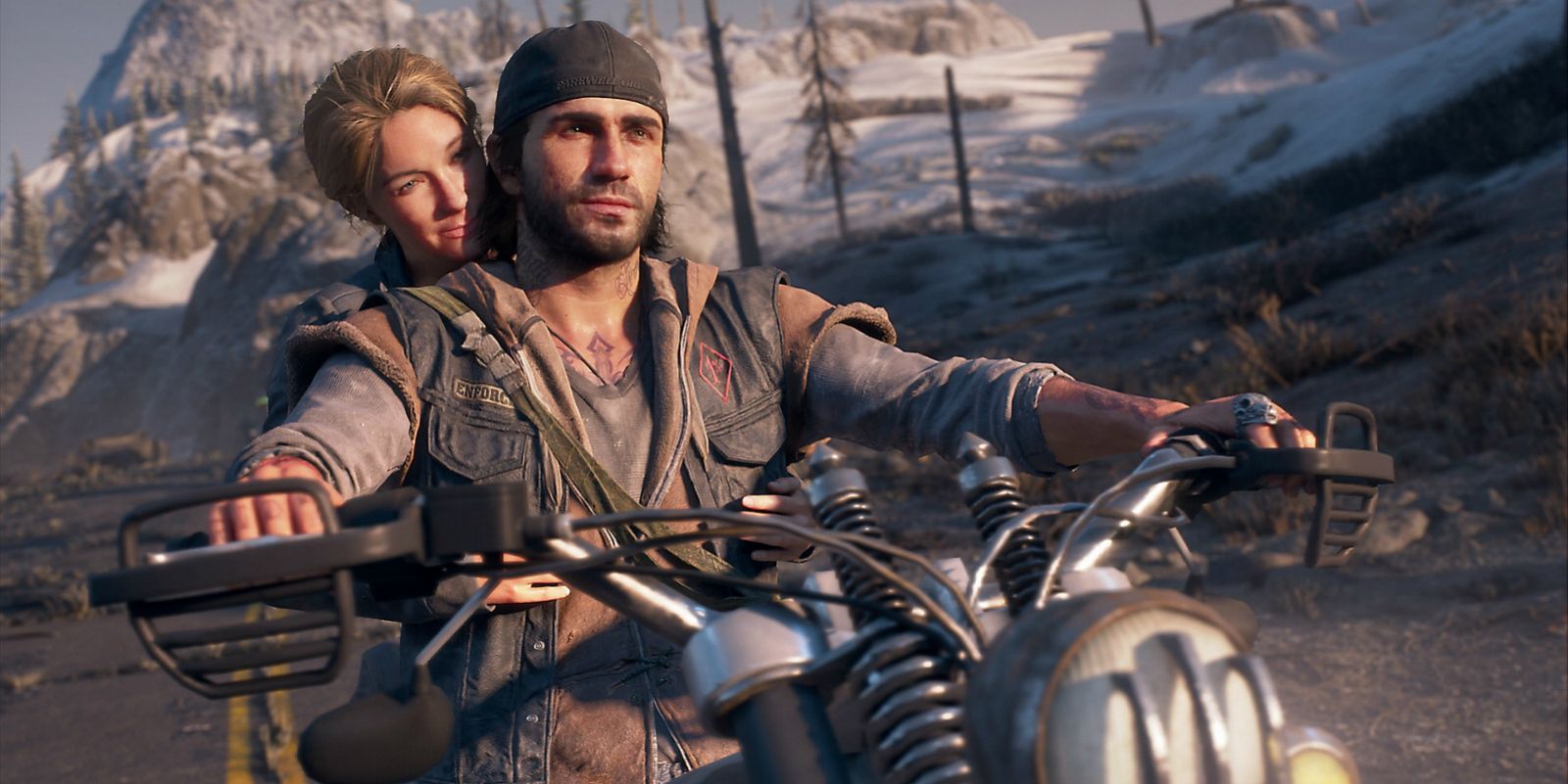 An image of Deacon and Sarah on his motorcycle in Days Gone.