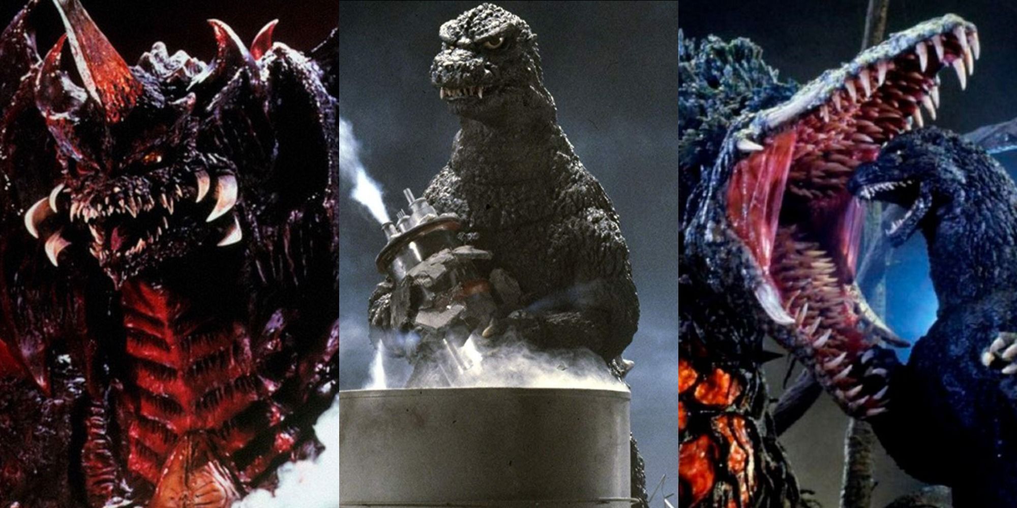 Split image of Destoroyah, Godzilla at nuclear smokestack, and Biollante
