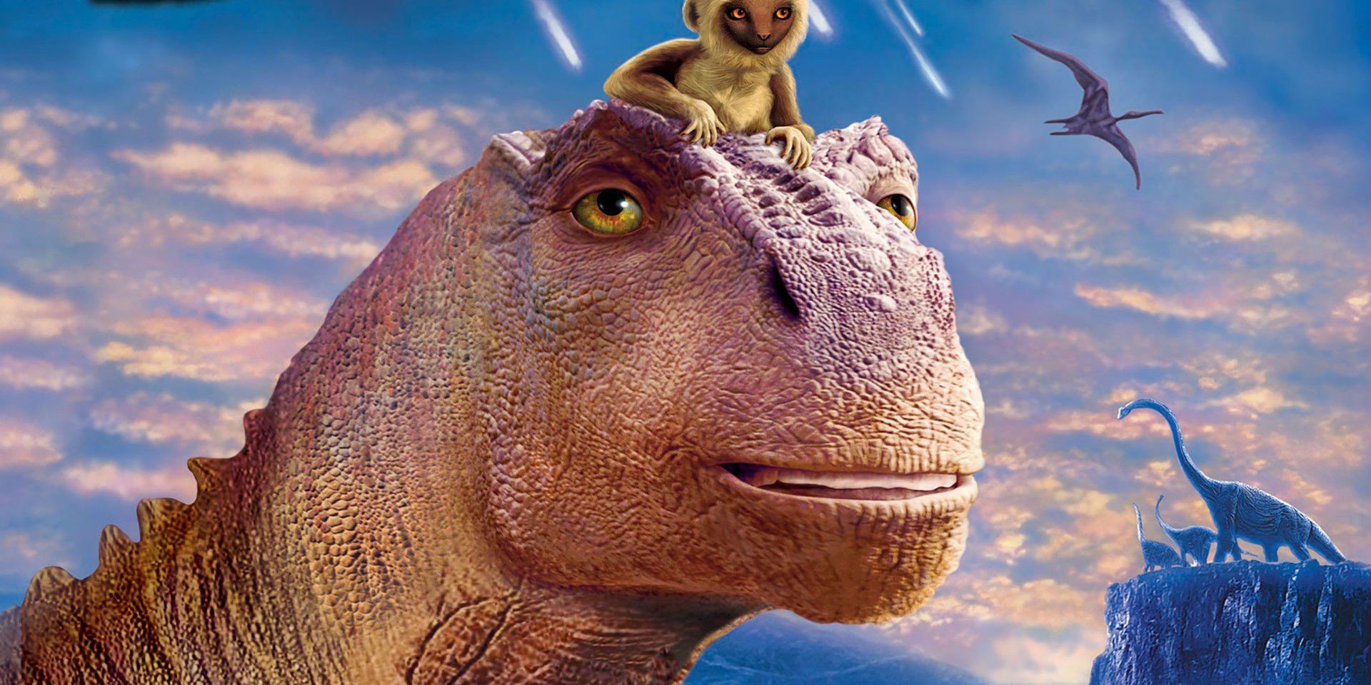 A dinosaur with a monkey-like creature on his head looks straight at the camera in Dinosaur.