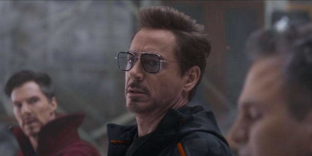 Doctor Strange looks to Tony Stark as he speaks from Infinity War