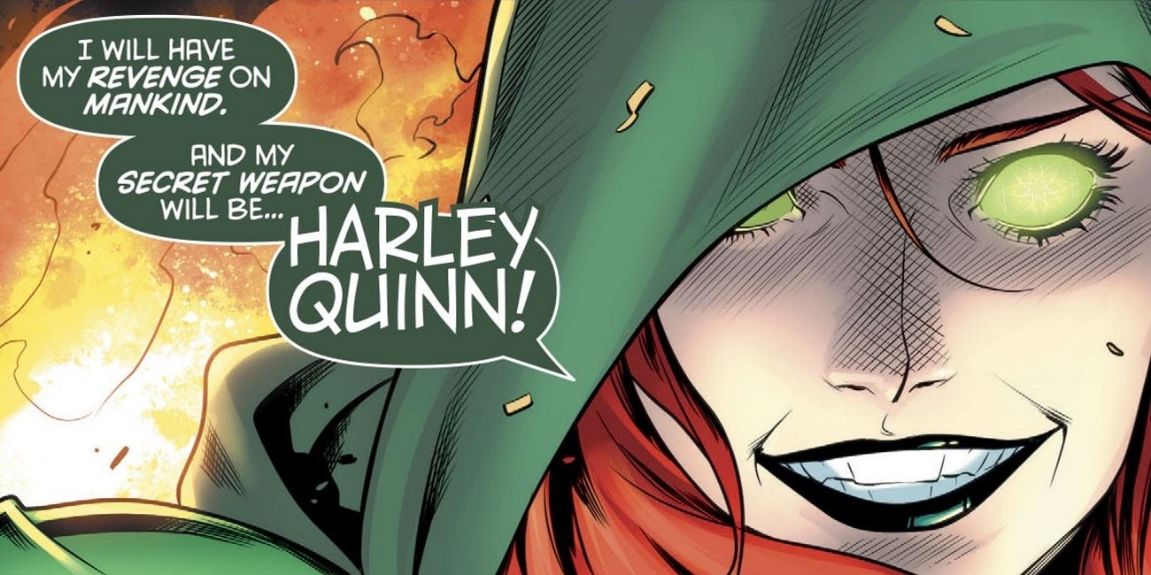 Enchantress with glowing eyes smiling in DC comics.
