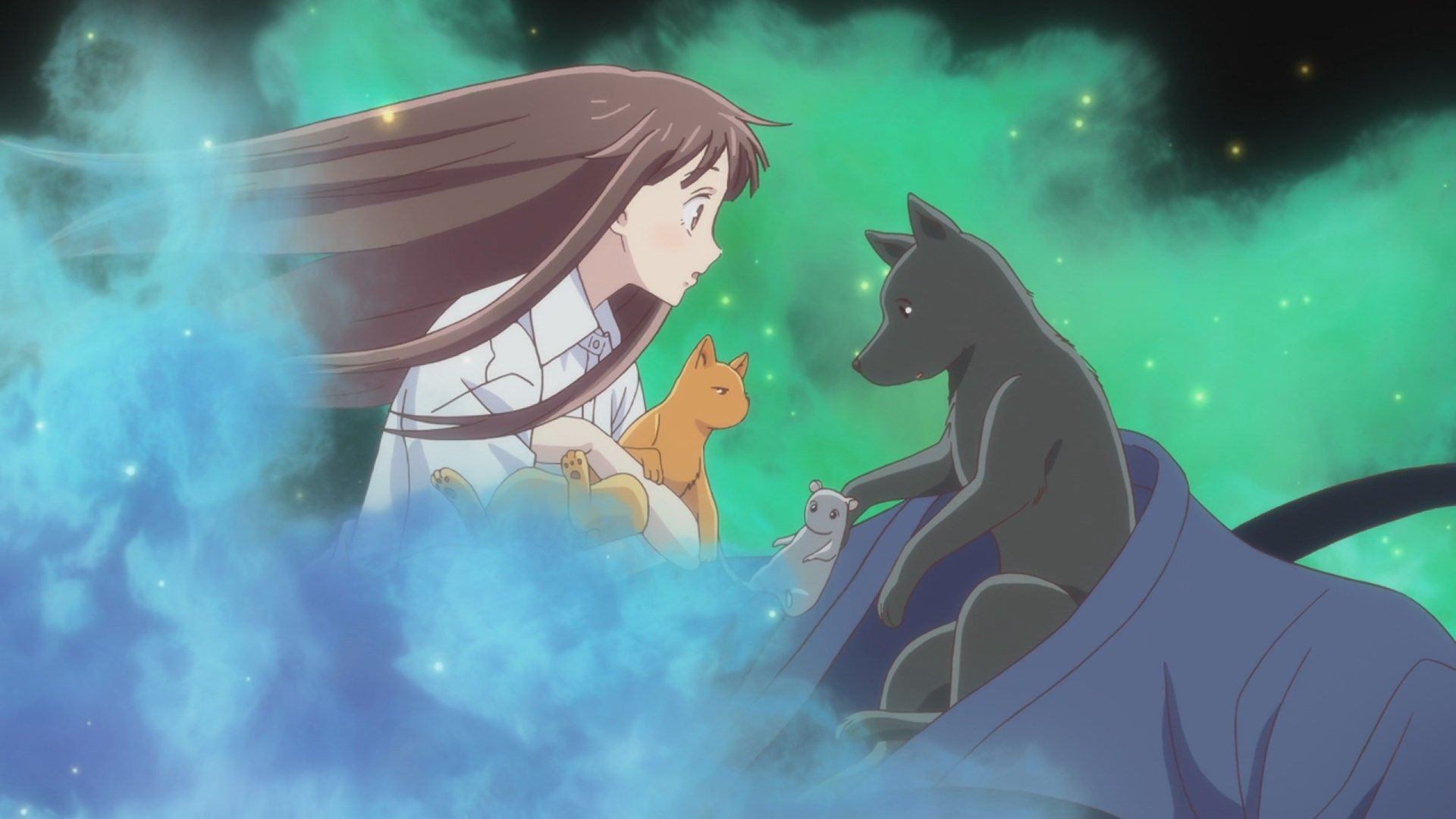 A still of a girl and a dog in Fruits Basket