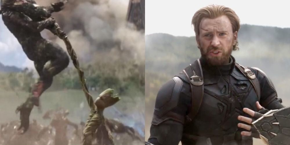 Split image of Groot and Steve Rogers talking in Wakanda in Avengers: Infinity War (2018)