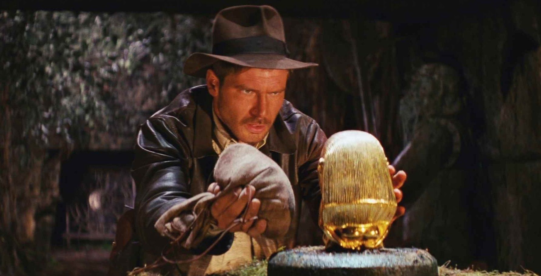 Indiana steals a golden idol in Indiana Jones in Raiders of the Lost Ark