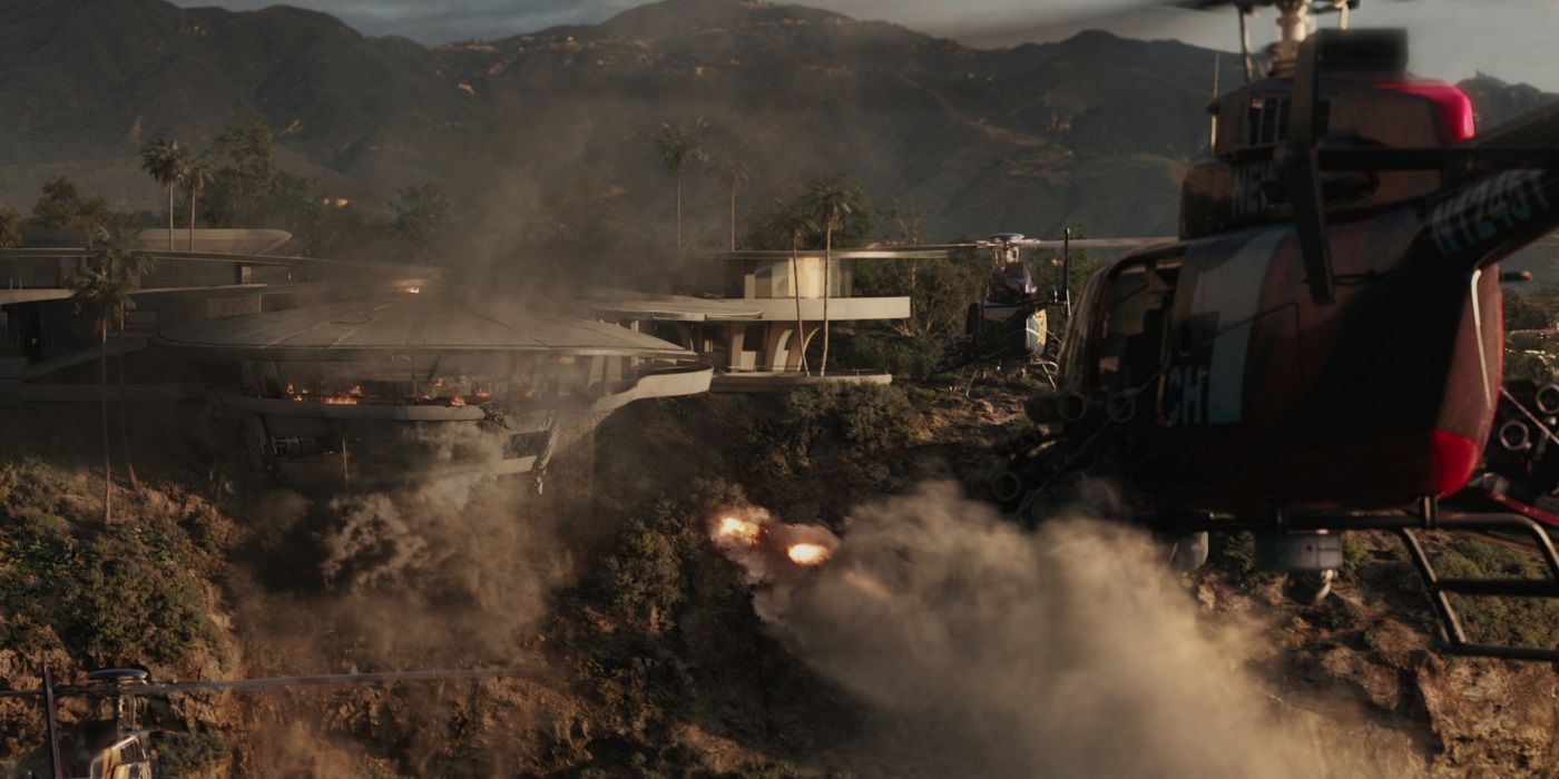 Helicopter attacks Tony's mansion in Iron Man 3