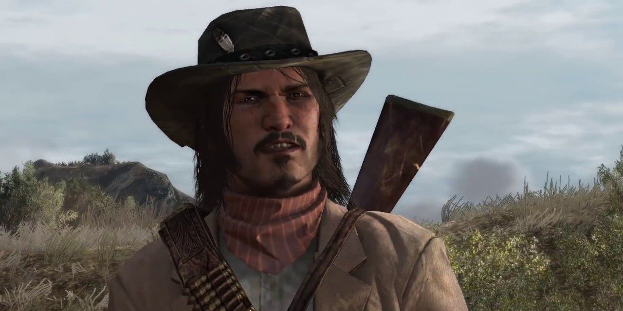 Jack Marston no epílogo de Red Dead Redemption, com o chapéu de seu pai e um rifle amarrado às costas.