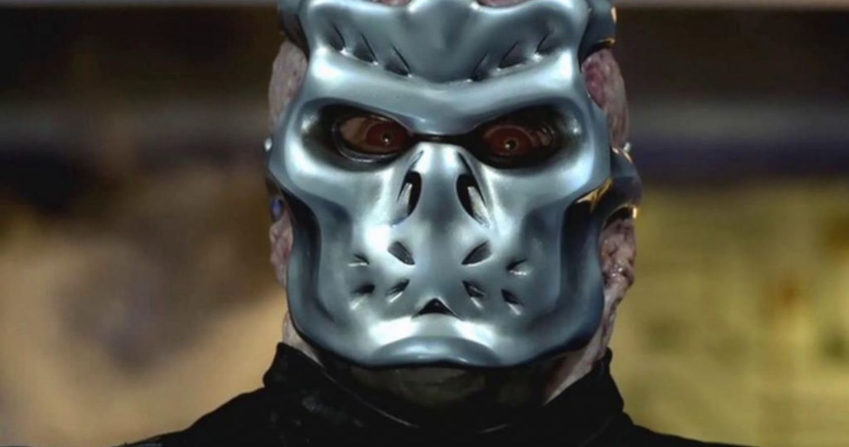Close up of metallic mask in Jason X