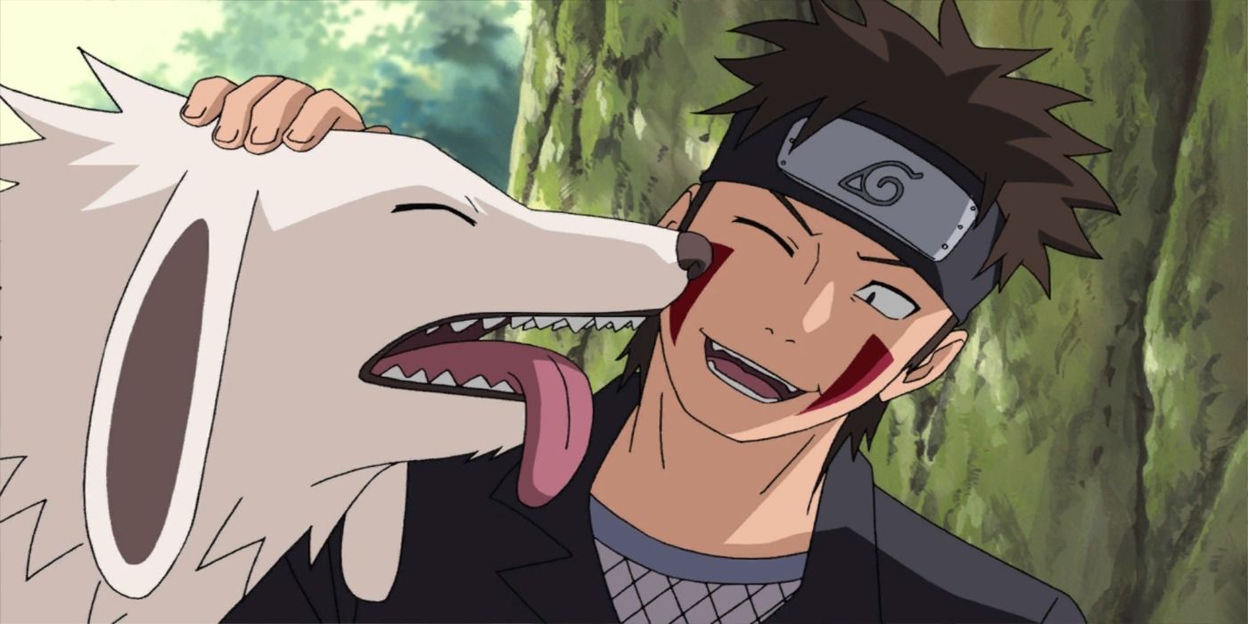 Akamaru licks Kiba's face in Naruto