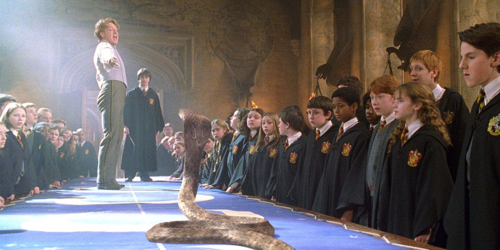 Lockhart casting a spell on a snake in Harry Potter and the Chamber of Secrets