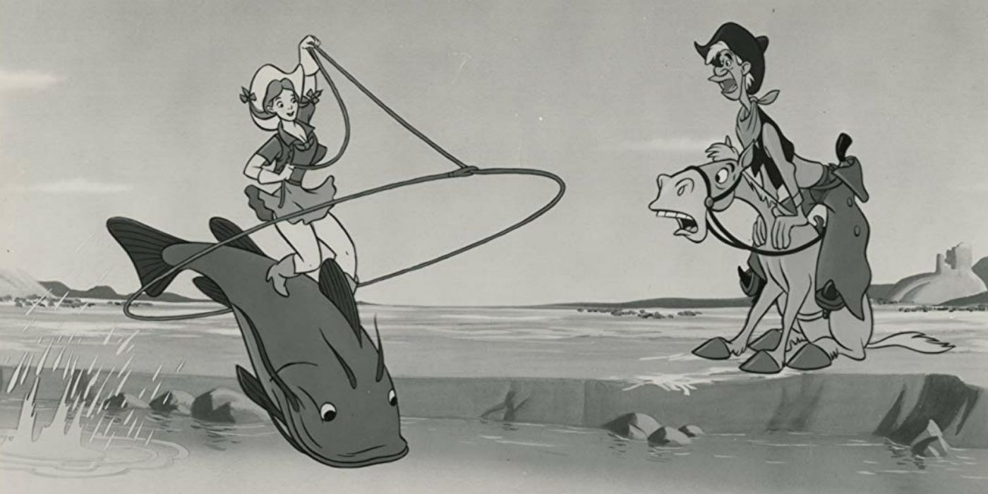 A cowgirl is riding on a fish in Melody Time.