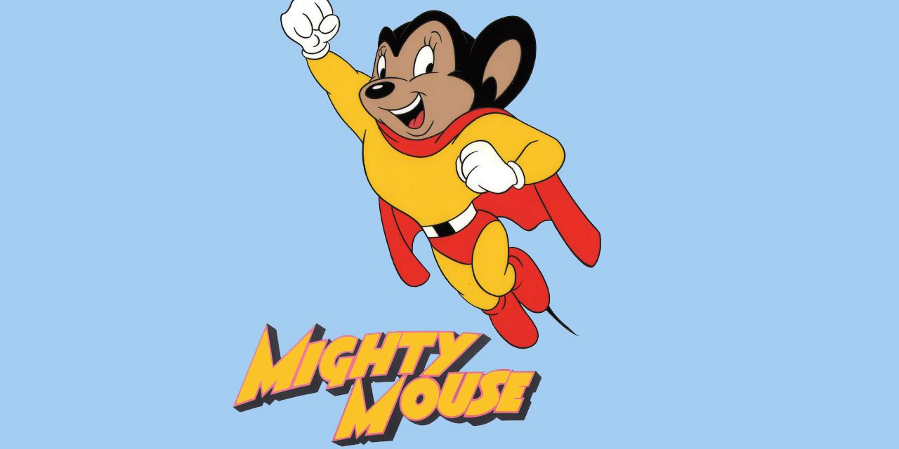 Mighty Mouse flies past a title of his name