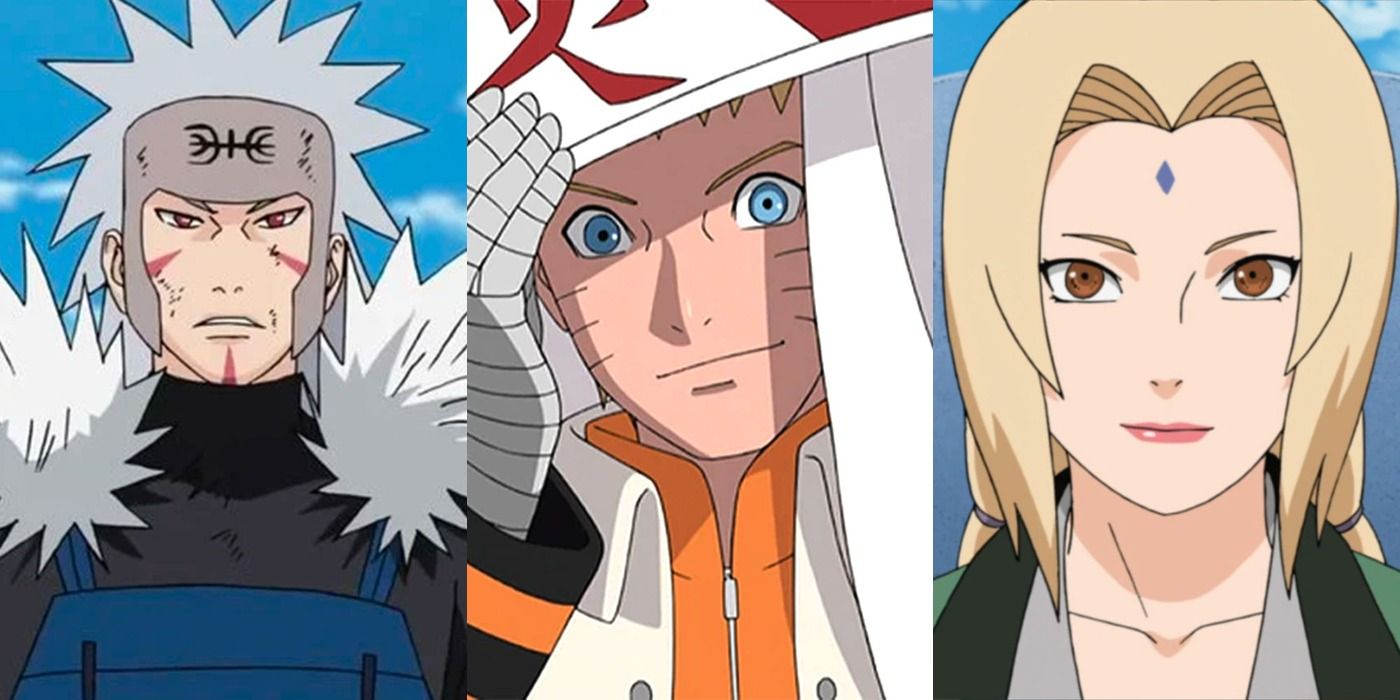 A split image depicts Hokages Tombirama, Naruto, and Tsunade in the Naruto franchise