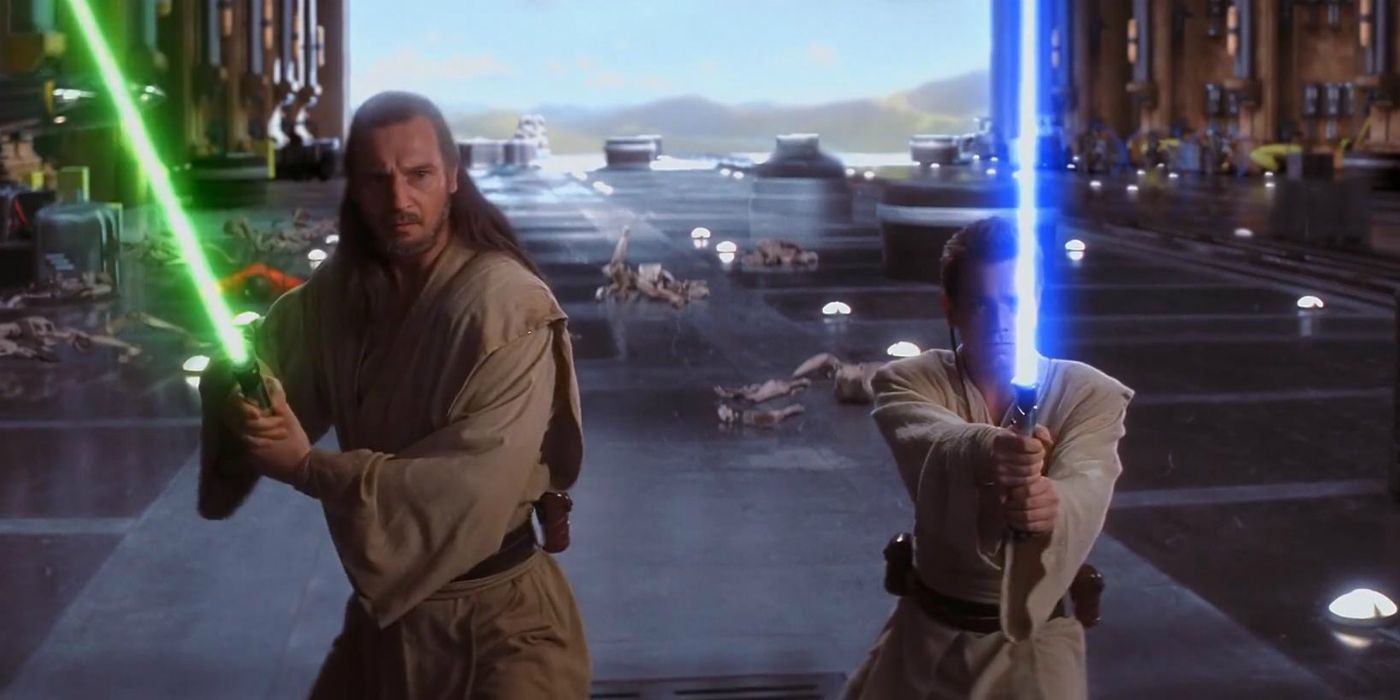 Qui-Gon and Obi-Wan in the final duel of The Phantom Menace.