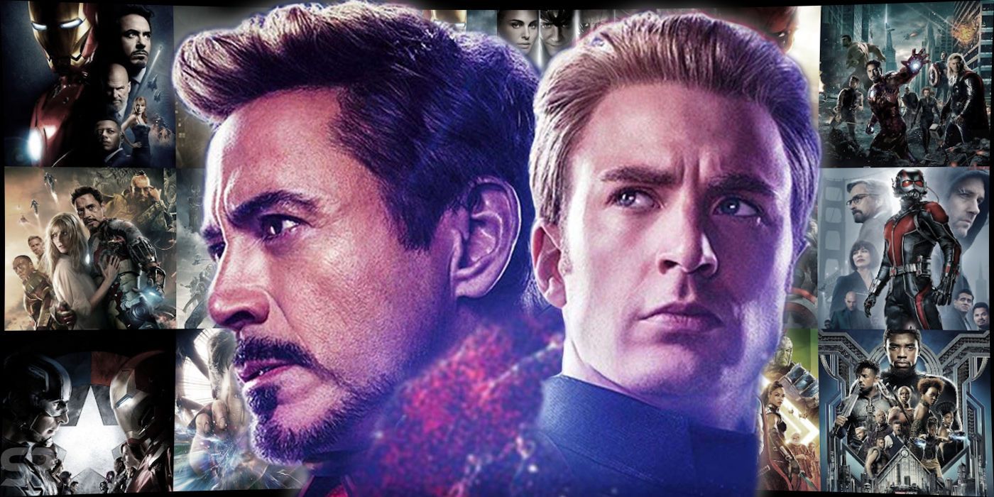 Robert Downey Jr as Iron Man and Chris Evans as Captain America with MCU Background