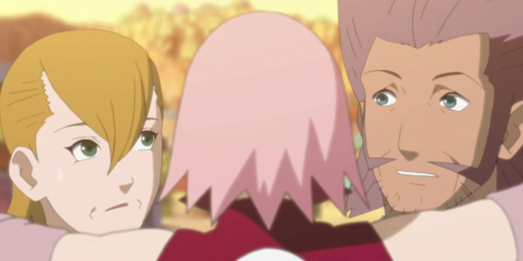 Sakura Haruno hugs her parents in Naruto
