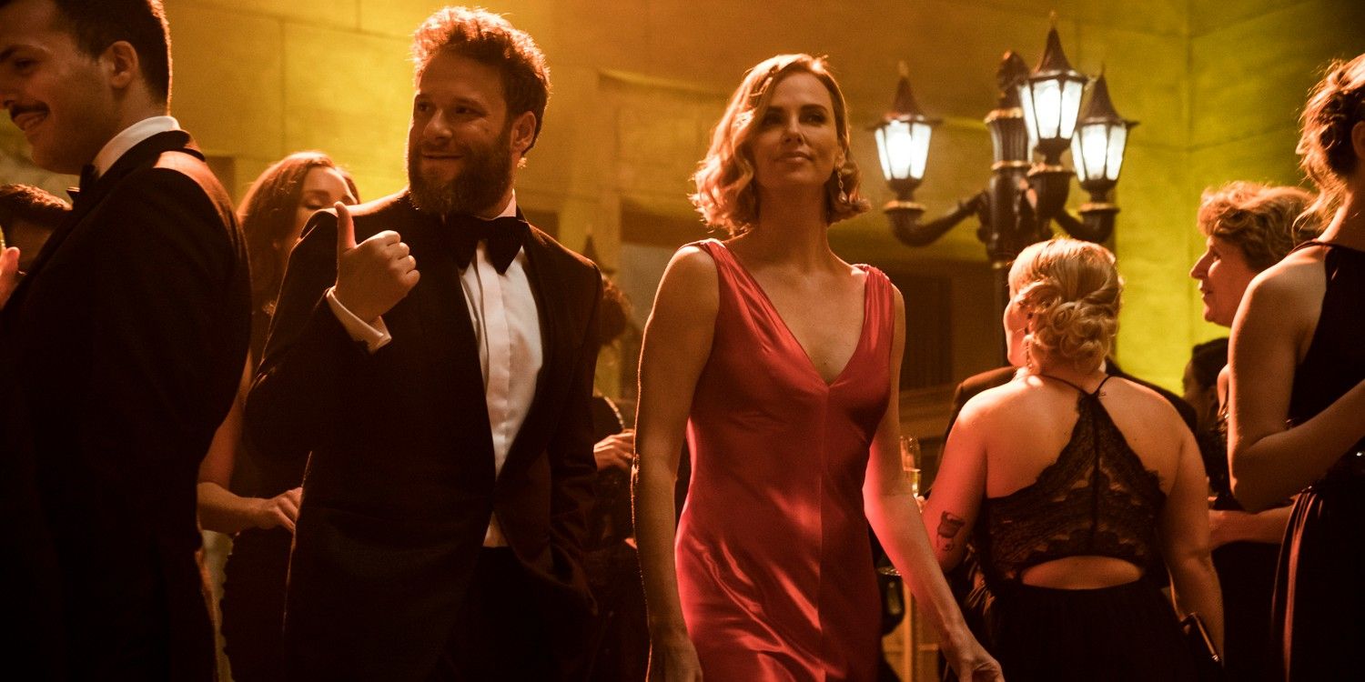 Seth Rogen and Charlize Theron in formal wear in Long Shot