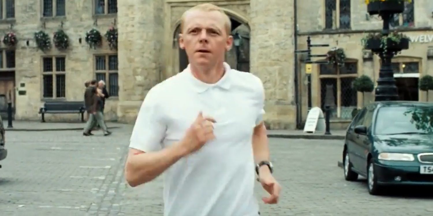 Simon Pegg jogging in town in Hot Fuzz