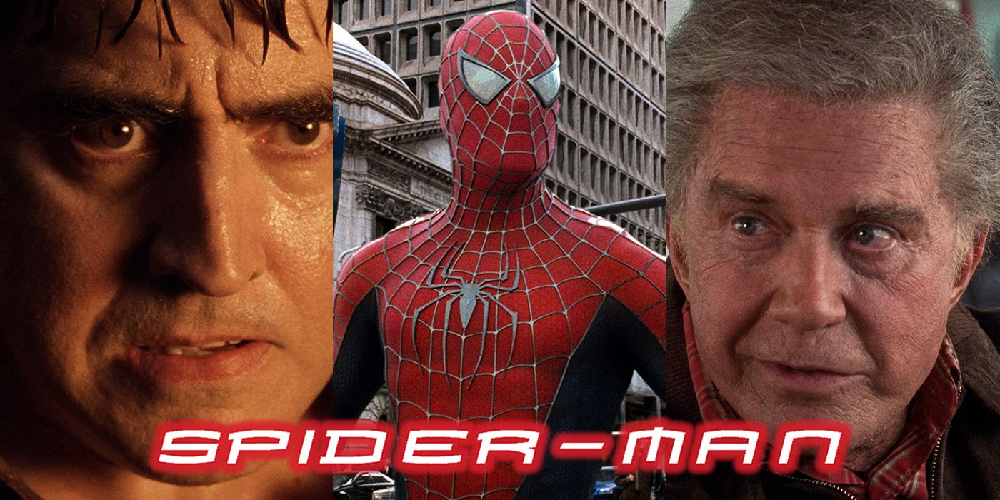 Split image of Doctor Octopus, Tobey Maguire's Spider-Man and Uncle Ben from Sam Raimi's Spider-Man trilogy