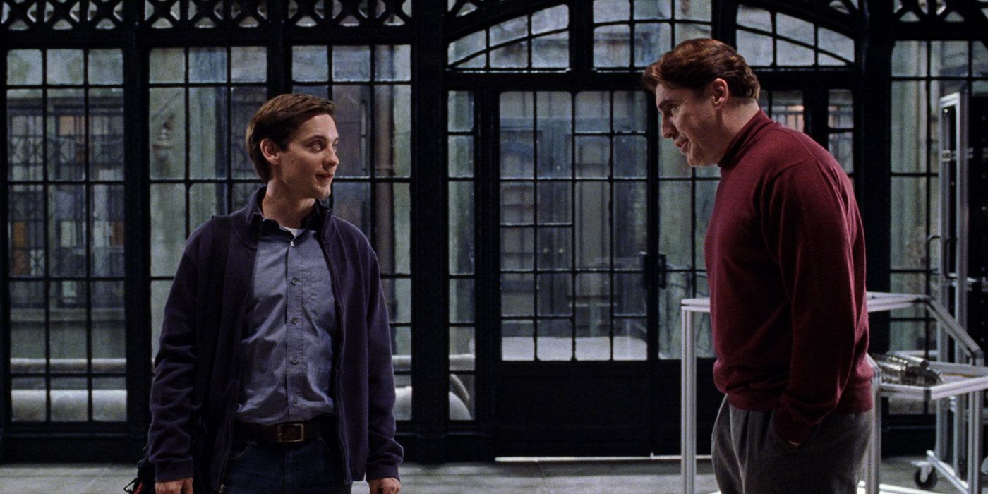 Peter Parker (Tobey Maguire) meets Otto Octavius (Alfred Molina) in Spider-Man 2