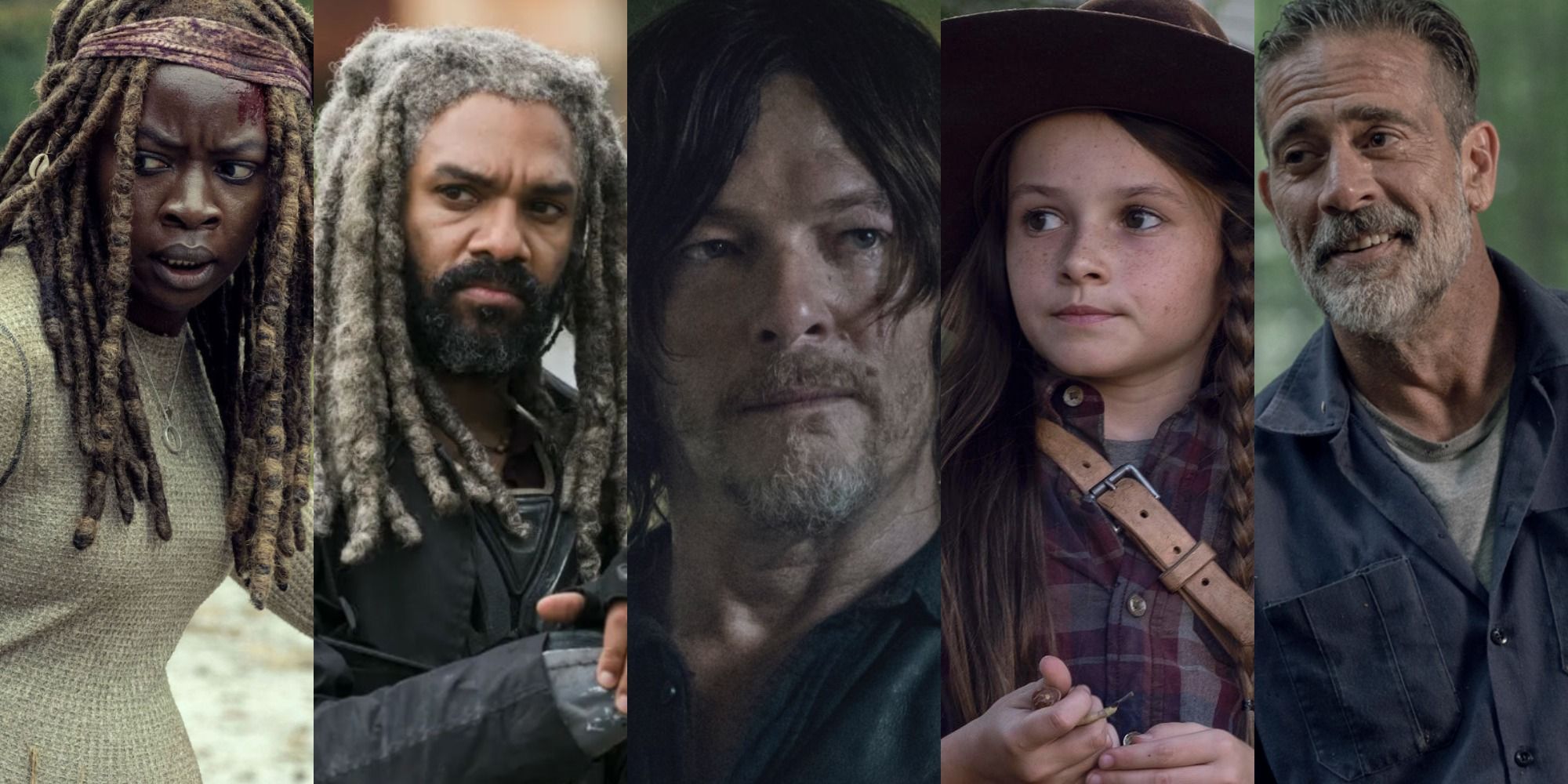 Split image of Michonne, Ezekiel, Daryl, Judith and Negan in The Walking Dead