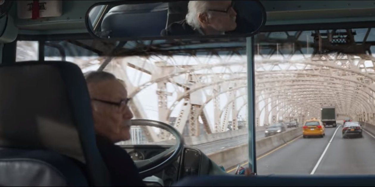 Stan Lee driving the bus in Avengers Infinity War