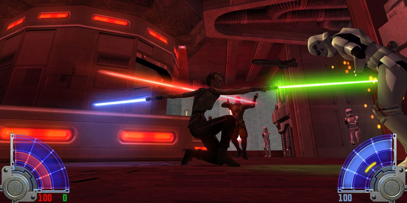 Star Wars Jedi Academy player wielding one lightsaber in each hand to take out enemy stormtroopers.