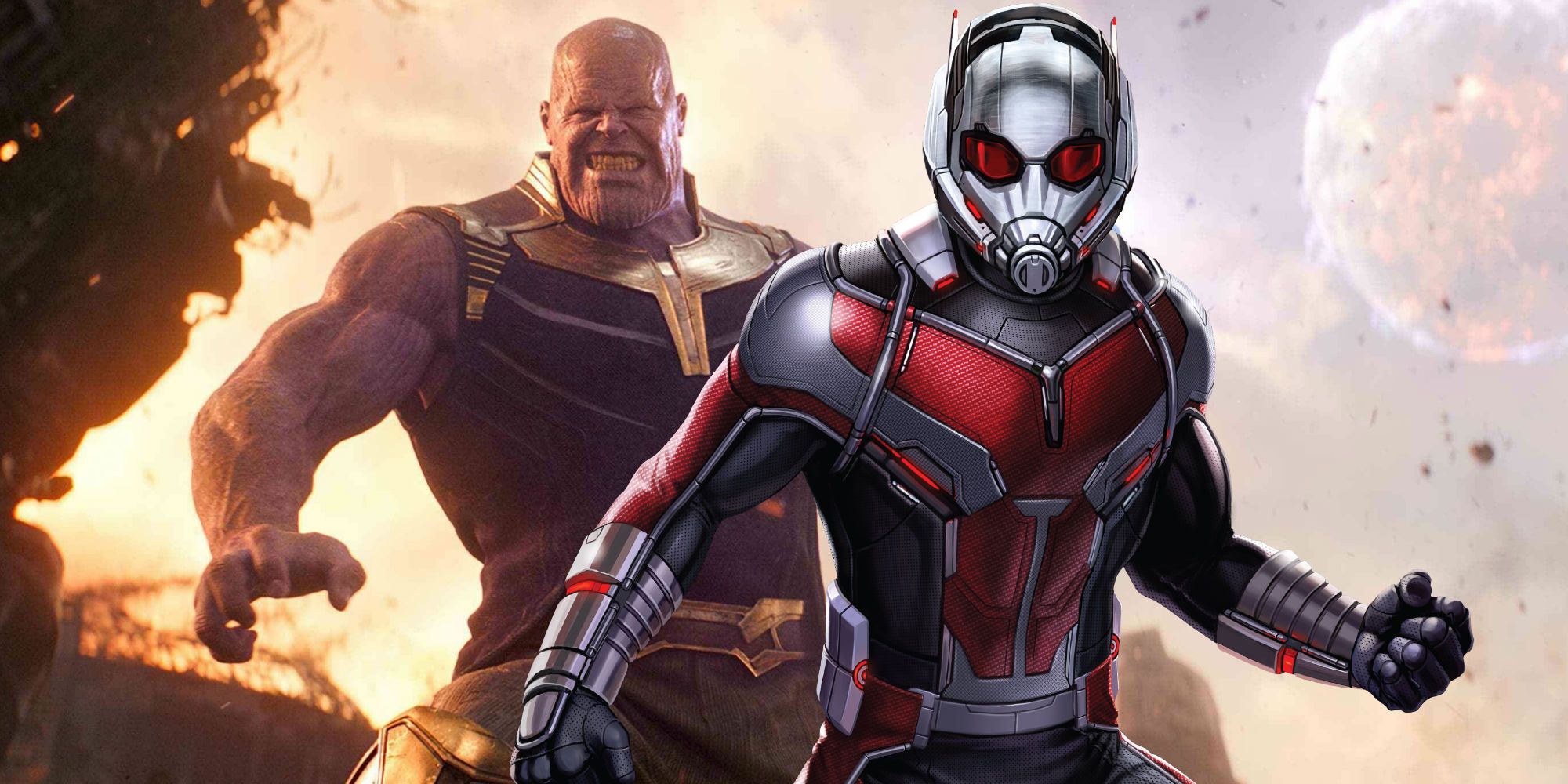 Imagem dividida de Homem-Formiga e Thanos em Vingadores: Guerra Infinita