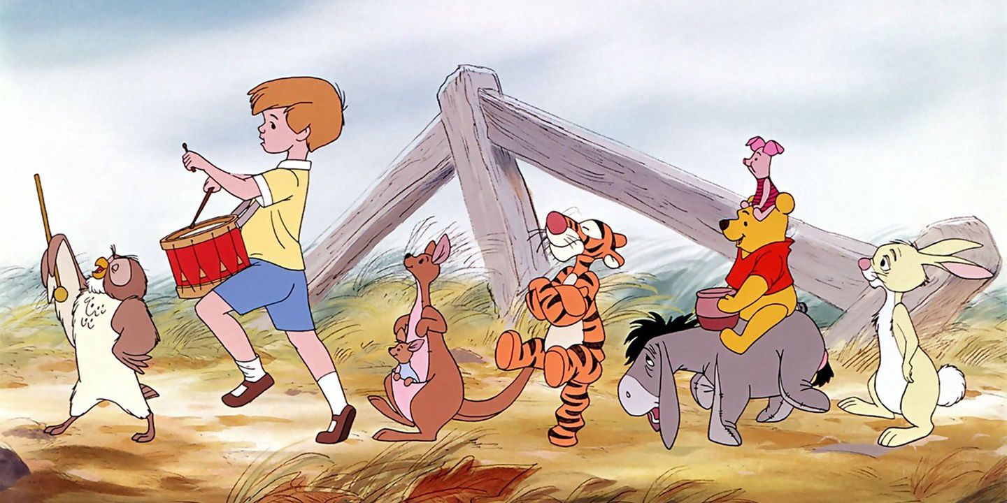 Animals dancing through a farm in The Many Adventures of Winnie the Pooh