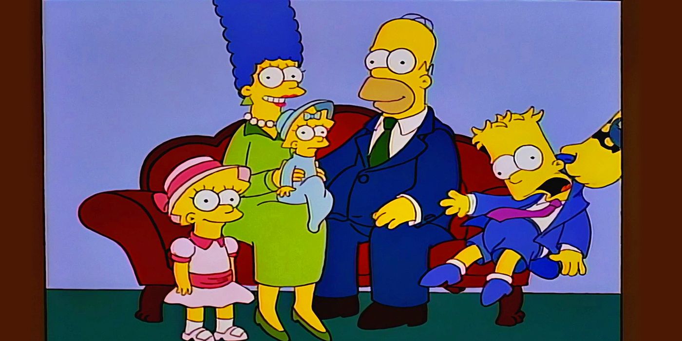 The Simpson family posing for a photo while Bart is pulled away by the neck