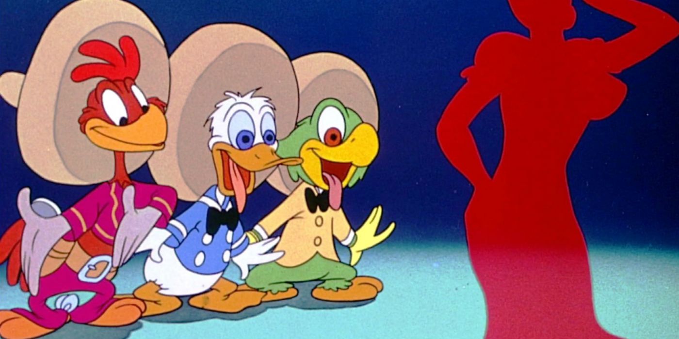 The Three Caballeros staring a silhouette of a woman