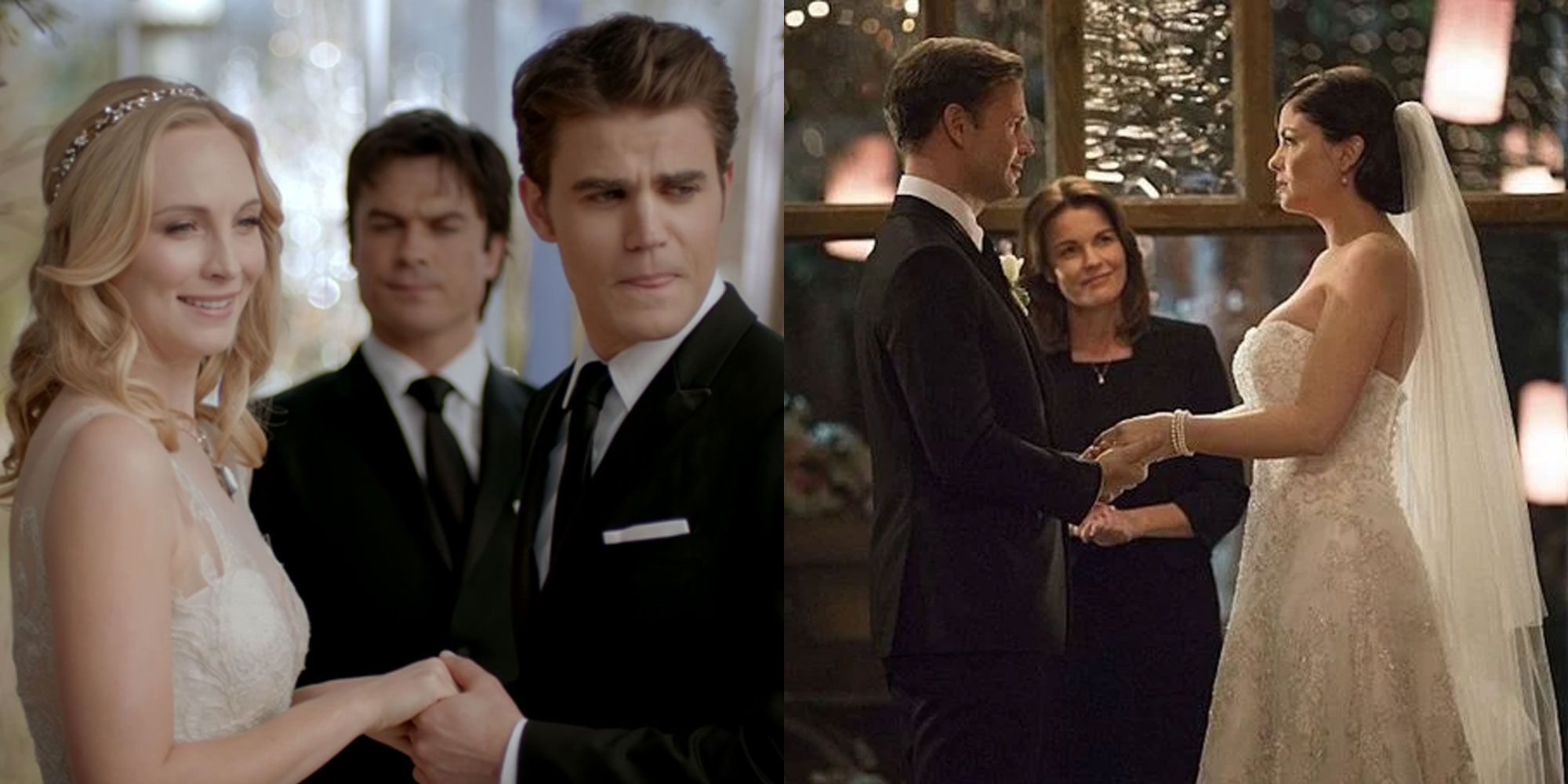 A split image features Caroline and Stefan marrying alongside Alaric and Jo marrying in The Vampire Diaries