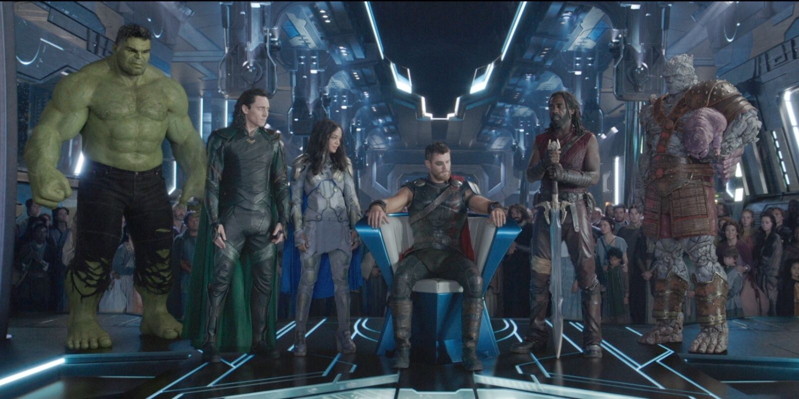 Hulk, Loki, Valkyrie, Thor, Heimdall, and Korg on the Asgardian ship