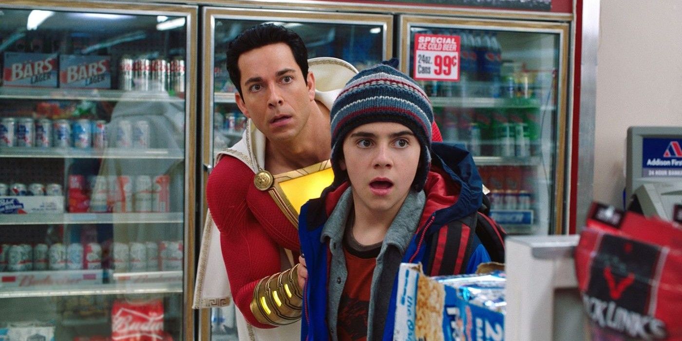 Shazam and Freddy Freeman in convenience store in DC Shazam