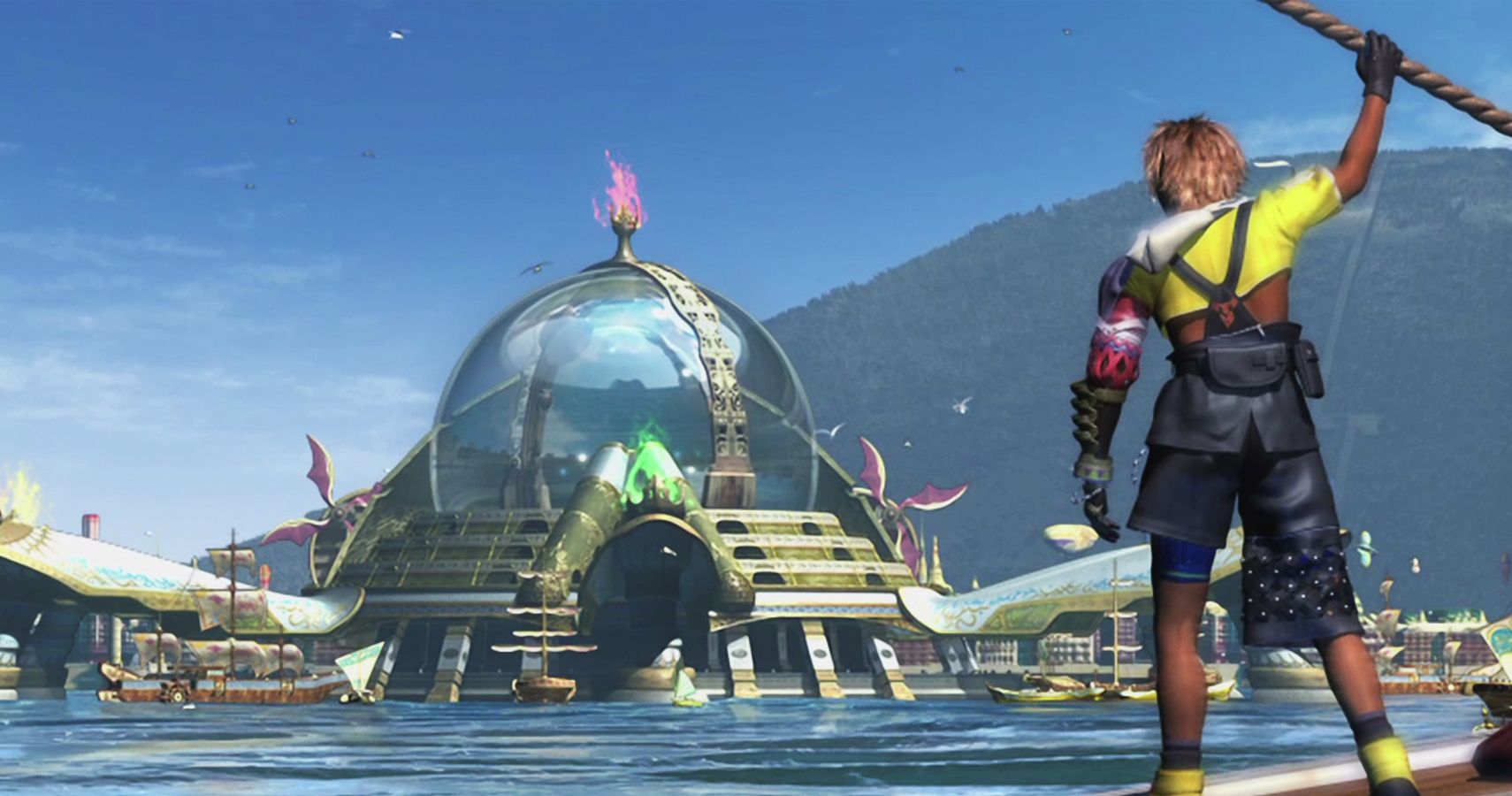 Tidus looking at a blitzball arena in Final Fantasy X