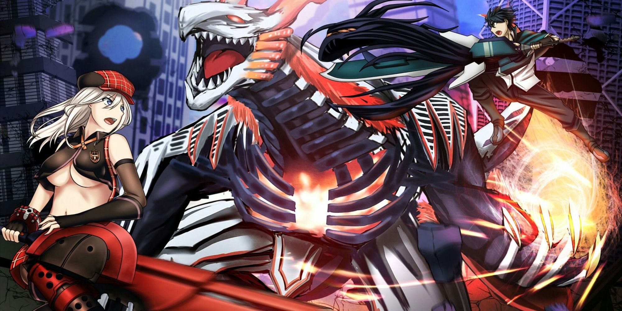 Characters fighting a monster in the God Eater anime.