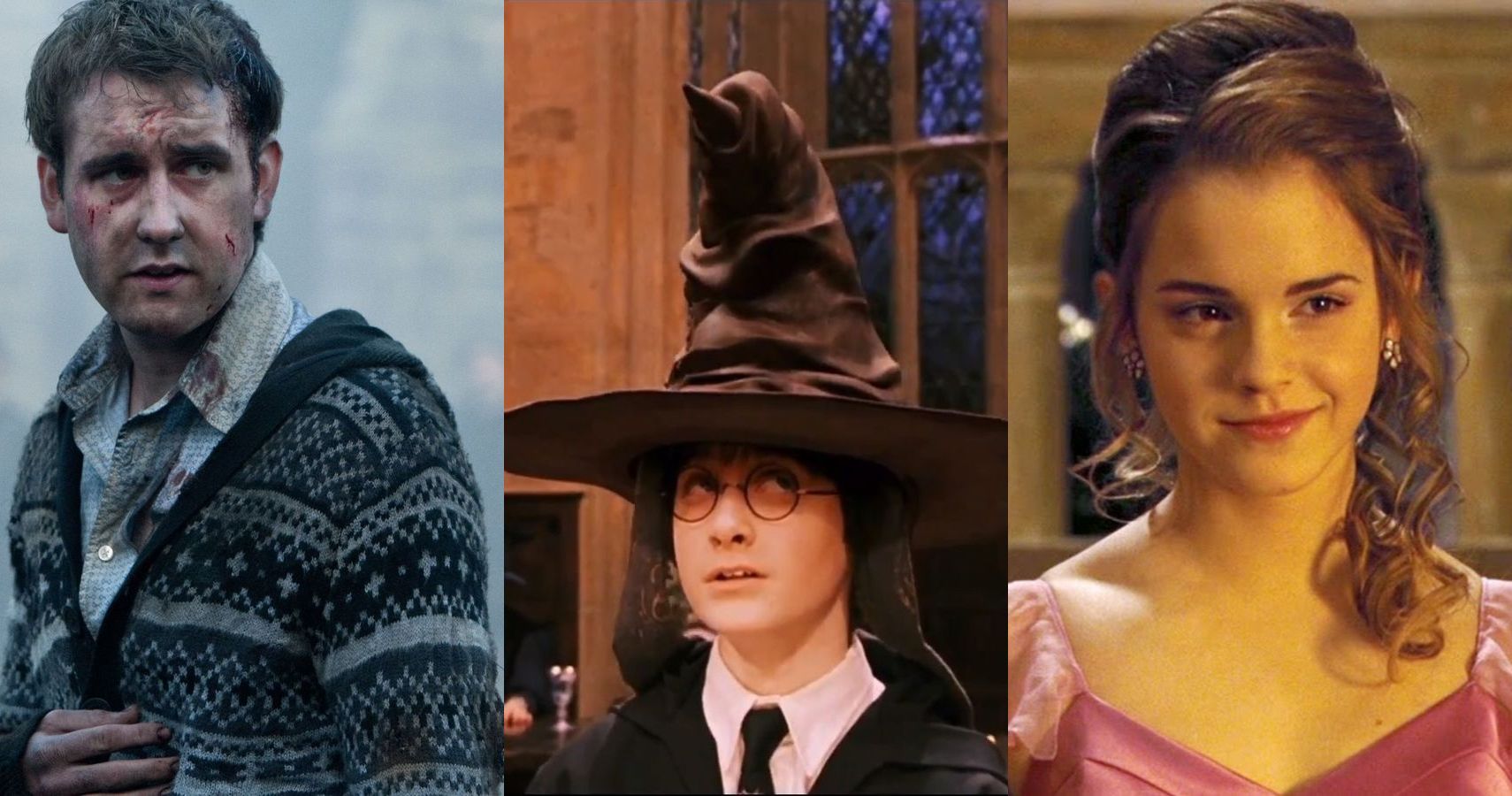 Split image of Neville, Harry in the Sorting Hat and Hermione in the Harry Potter movies