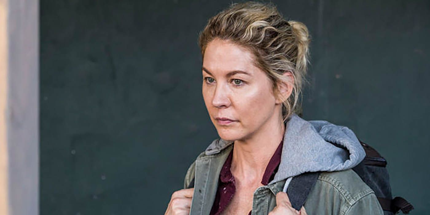 June holds a backpack and wears a hoodie, looking sullen in Fear The Walking Dead.