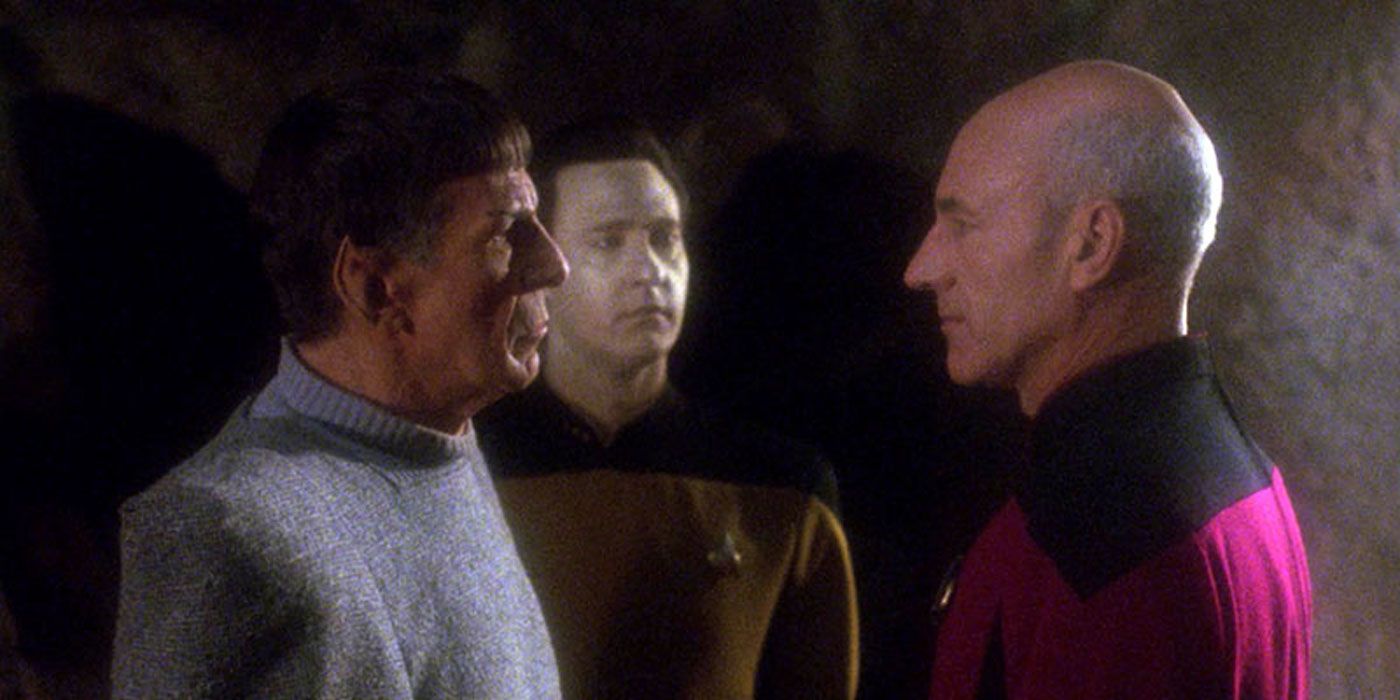 Patrick Stewart as Jean-Luc Picard, Leonard Nimoy as Spock, Brent Spiner as Data in Star Trek