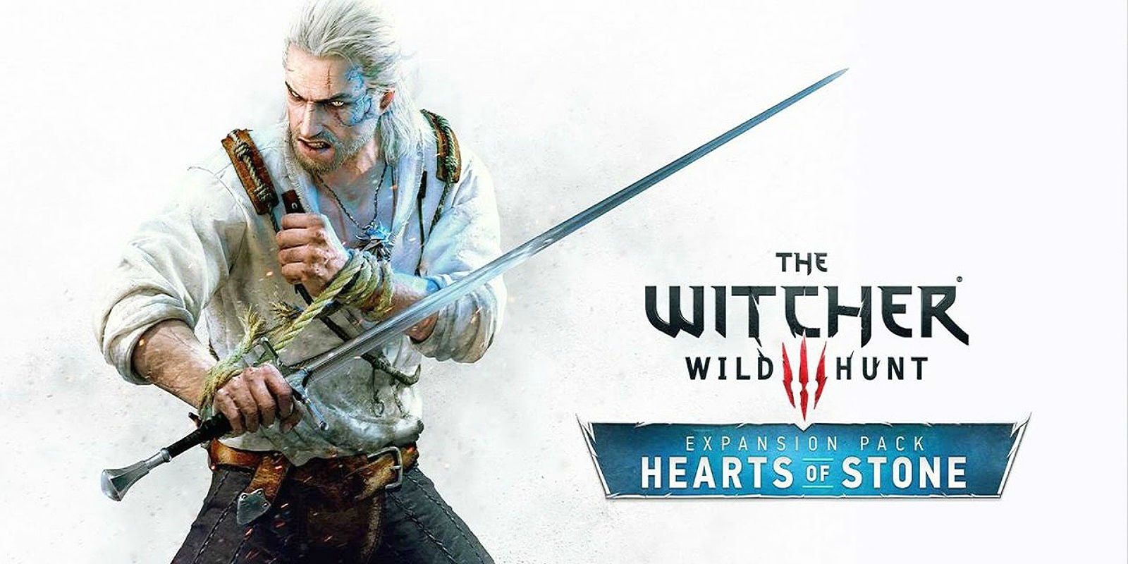 Arte promocional de Geralt e texto descrevendo o pacote de expansão The Witcher 3 Wild Hunt Hearts of Stone