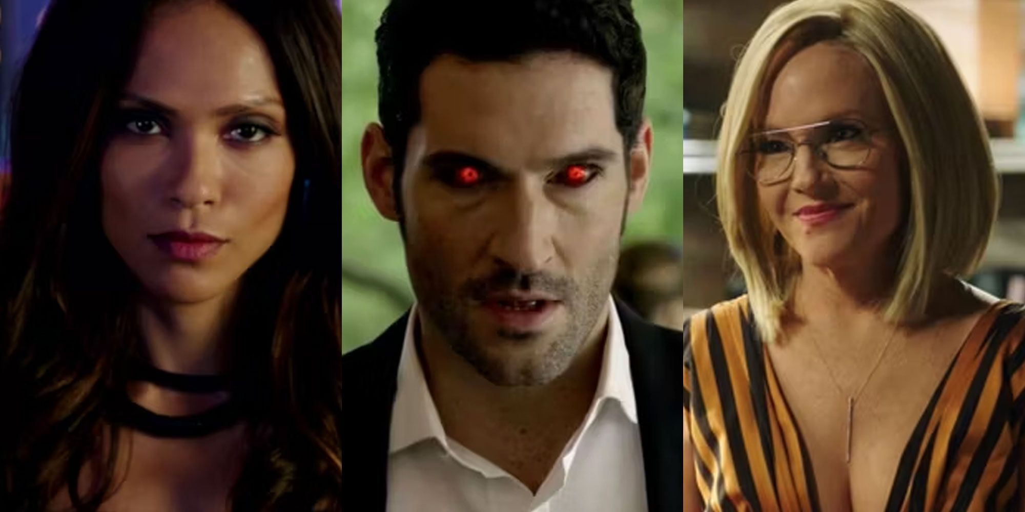 A split image features Maze, Lucifer, and Linda from Netflix's Lucifer series