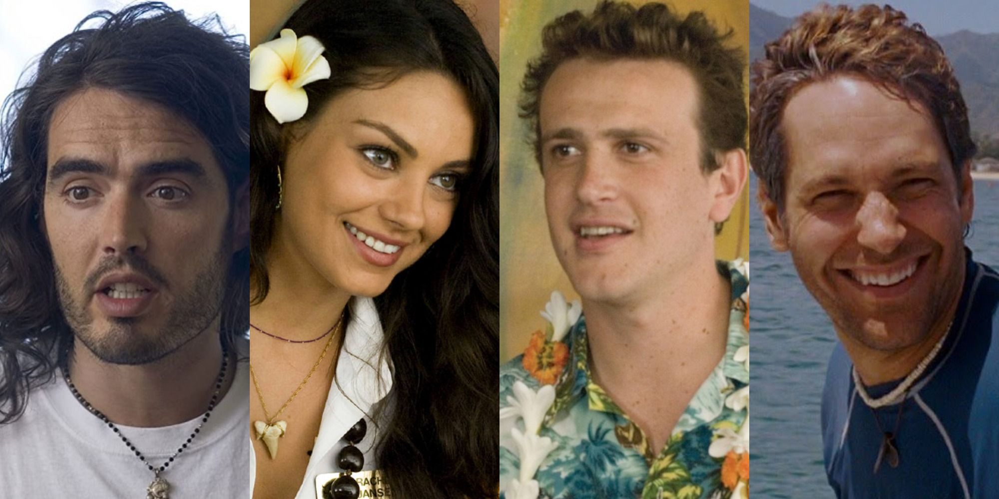 A collage of Russel Brand, Mila Kunis, Jason Segel and Paul Rudd in Forgetting Sarah Marshall
