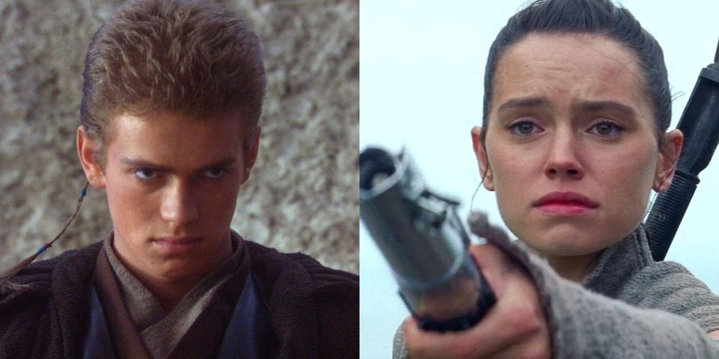 A split screen of Anakin Skywalker and Rey.