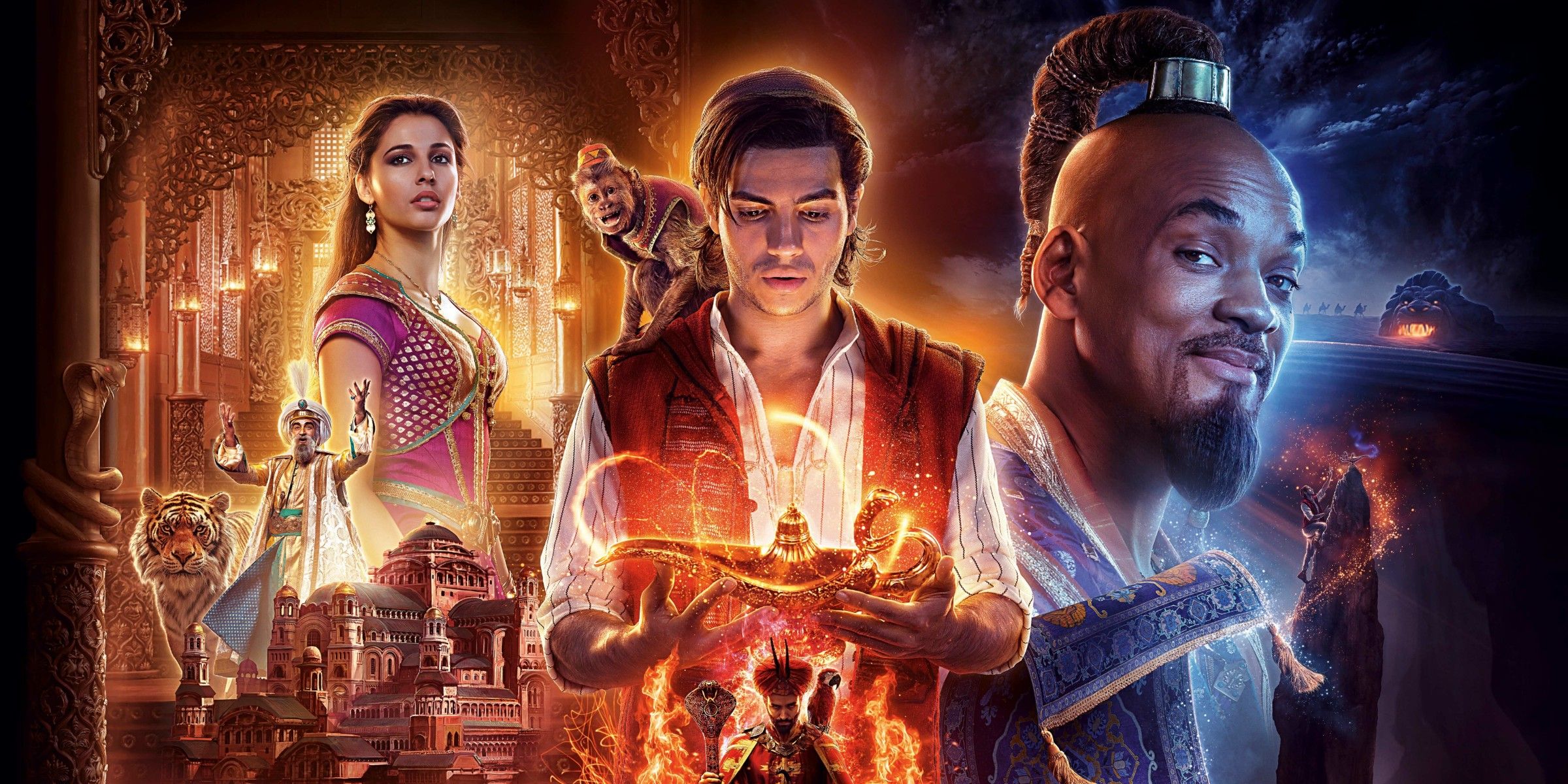 Main characters of the 2019 film Aladdin on a poster.